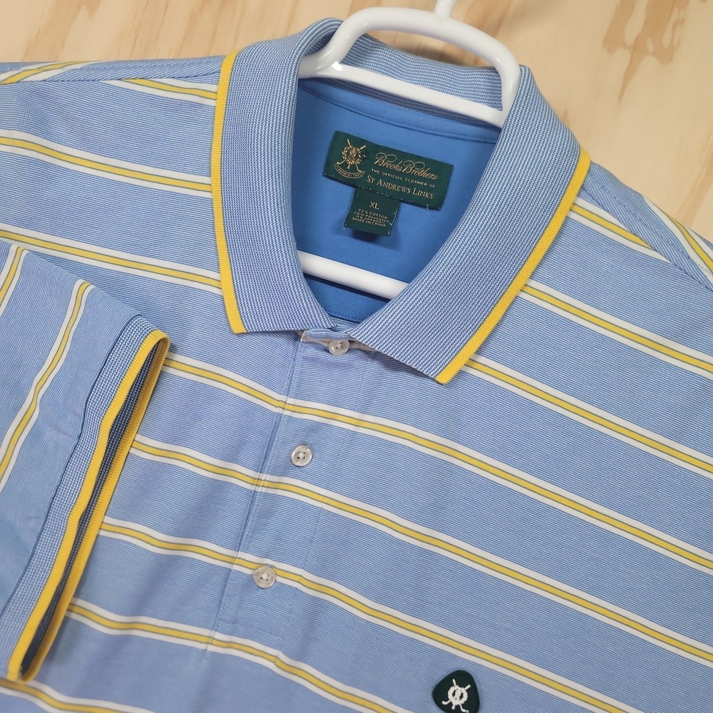 Brooks Brothers Polo Shirt Mens XL Blue Yellow St Andrews Links Golf Performance